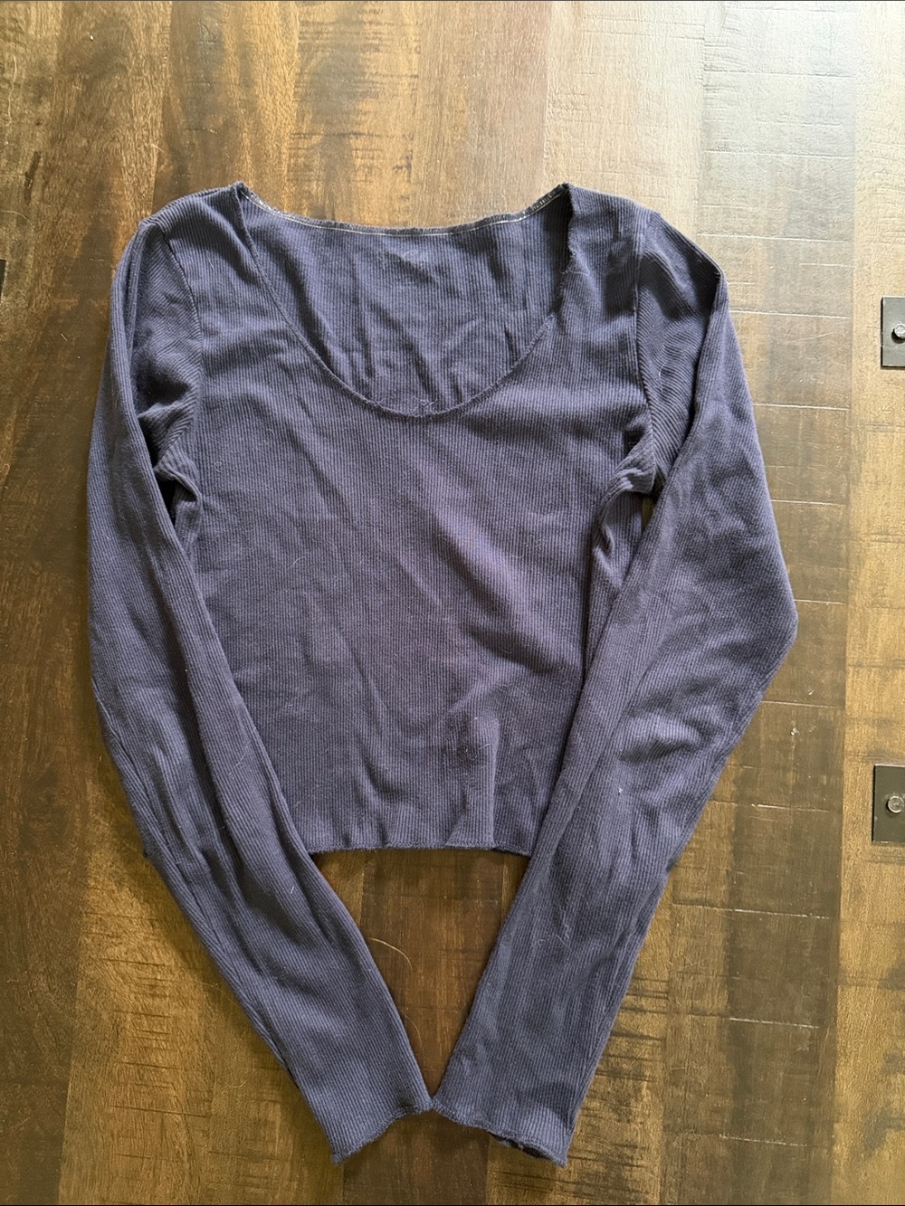 Johnny Was Navy Ribbed Long-Sleeve Scoop Neck Top